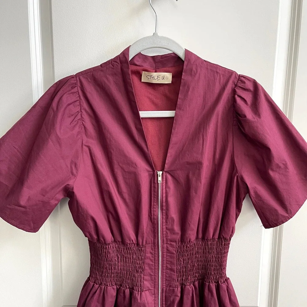 Style U Midi Dress Women Small Plum Smocked Waist Zip Front Cotton Puff Sleeve - Picture 4 of 10